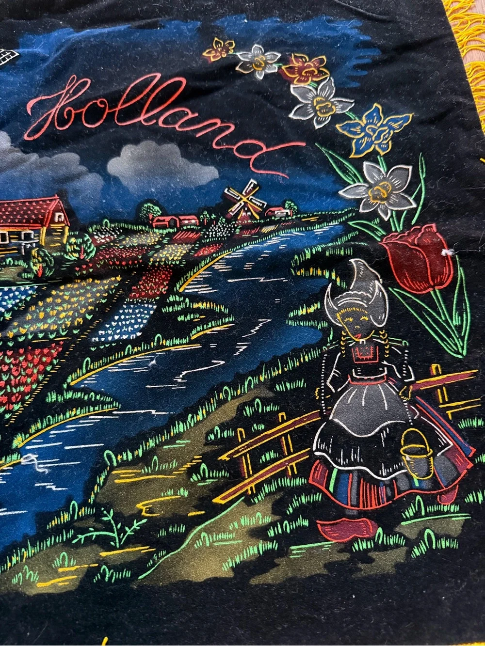 Holland Netherlands Souvenir Velvet Textile Windmill Tulips Dutch Fringe Decor